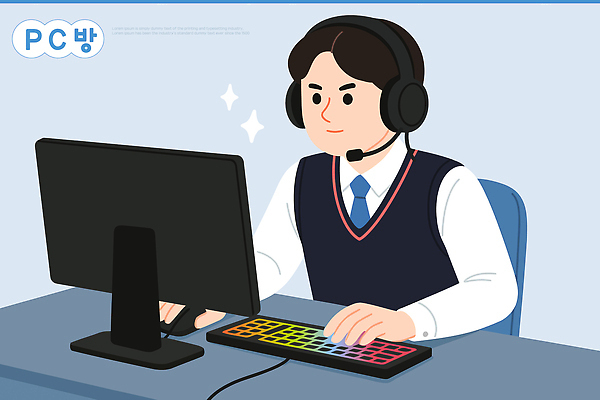 학생 인터넷 일러스트 기술 사람 취미 친구 컴퓨터 사무실 디지털 스크린 헤드셋 경쟁 게임 키보드 집중 즐거움 소통 피씨방 국내일러스트 AI파일 감정 음향기기 컨셉 비즈니스 관계 놀이 전자제품 헤드폰 파일형식 벡터