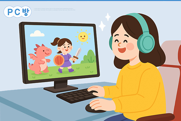 캐릭터 행복 어린이 스포츠 일러스트 청소년 놀이 실내 소녀 컴퓨터 판타지 스크린 헤드셋 게임 용 즐거움 그림 과제 온라인 상상력 국내일러스트 AI파일 여자 감정 음향기기 상상 사람 내부 전자제품 헤드폰 파일형식 벡터