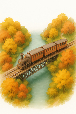 JPG 나무 남자 컬러 여행 일러스트 자연 수채화 풍경 물 기찻길 기차 가을 그리기 기차역 철교 가교 국내일러스트 AI일러스트 AI콘텐츠 자연요소 식물 건축물 계절 육상교통 모션 대중교통 사람 다리_건축물 역 생태계 파일형식