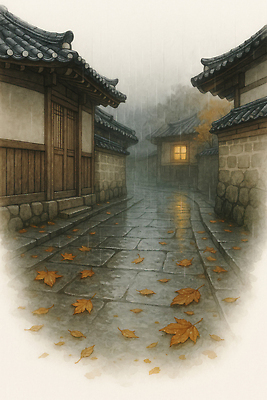 JPG 전통 낙엽 잎 일러스트 창문 자연 수채화 한옥 한국 풍경 빛 마을 고요 가을 분위기 골목길 묘사 조용 국내일러스트 AI일러스트 AI콘텐츠 식물 한국전통 계절 아시아 길 컨셉 고건축 생태계 파일형식