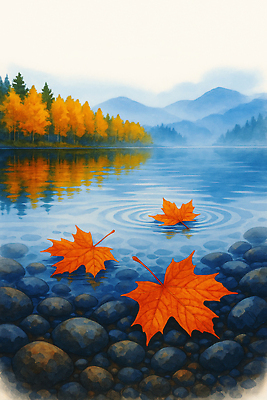 JPG 나무 호수 물결 단풍 잎 일러스트 자연 하늘 수채화 산 풍경 물 반사 주황색 고요 가을 그림 뷰티풀 국내일러스트 AI일러스트 AI콘텐츠 자연요소 식물 계절 컬러 생태계 파일형식