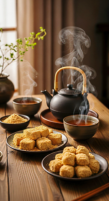 JPG 편집이미지 한국전통 식탁 찻집 수증기 편안함 고객 다과 인절미 전통과자 편집실사 AI포토 AI콘텐츠 전통 탁자 디저트 떡 한국 과자 상점 감각 CG 파일형식