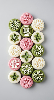 JPG 편집이미지 전통 디자인 꽃 분홍색 컬러 디저트 떡 한국 초록색 과자 식사 맛 배열 생크림 좋음 편집실사 AI포토 AI콘텐츠 식물 아시아 음식 컨셉 크림 CG 파일형식