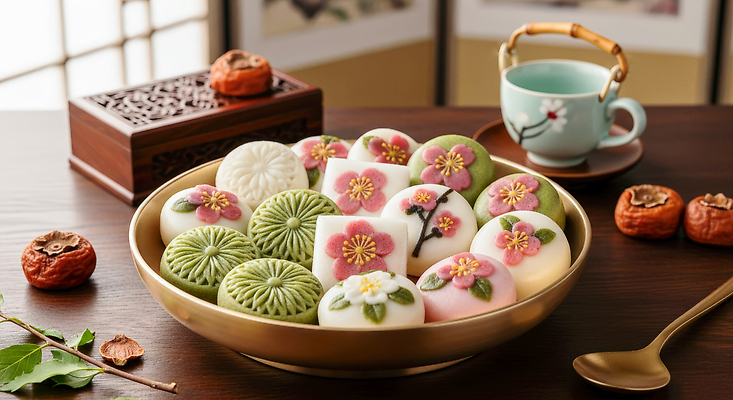 JPG 모양 편집이미지 한국문화 그릇 컬러 꽃무늬 식탁 디저트 떡 장식 금색 찻잔 오후 전통과자 편집실사 AI포토 AI콘텐츠 동양문화 식기 꽃 음식 무늬 탁자 잔 한국 과자 CG 파일형식