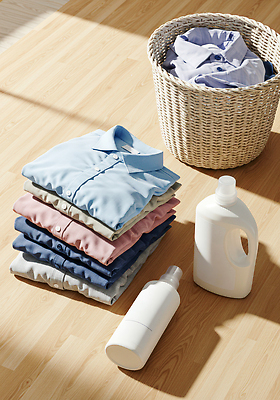 JPG 편집이미지 옷 컬러 셔츠 바닥 생활 파란색 햇빛 바구니 주방 빨래 자주색 청소 정리 세탁소 편집실사 AI포토 AI콘텐츠 상의 가사 태양 CG 파일형식