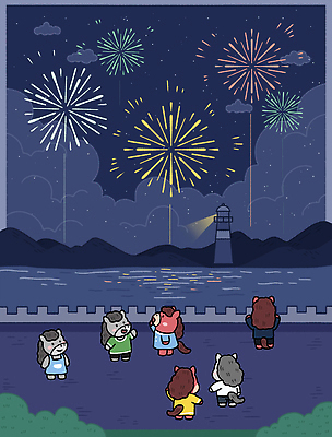 식물 감정 바다 컨셉 관계 놀이 생태계 말캐릭터 파일형식 2026년 동물 불꽃놀이 해변 등대 친구 즐거움 화려 풍경 모임 자연 축제 하늘 스카이라인 생동감 컬러 나무 그림 캐릭터 일러스트 국내일러스트 PSD 붉은말캐릭터 병오년