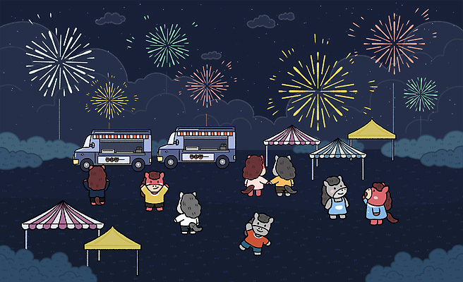 공공시설 감정 다수 컨셉 관계 놀이 문화예술 말하기 사람 트럭 말캐릭터 파일형식 2026년 축제 불꽃놀이 푸드트럭 여러명 대화 춤 활발 자유 즐거움 컬러 분위기 가로등 이벤트 친구 가족 만남 일러스트 국내일러스트 PSD 붉은말캐릭터 병오년