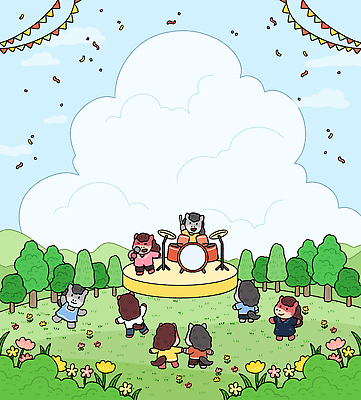 식물 계절 감정 관계 문화예술 타악기 표정 이벤트 라이프 생태계 말캐릭터 파일형식 2026년 음악 축제 공연 동물 드럼 춤 웃음 잔디 무대 친구 꽃 나무 자연 즐거움 모션 여름 일상 컬러 일러스트 국내일러스트 PSD 붉은말캐릭터 병오년