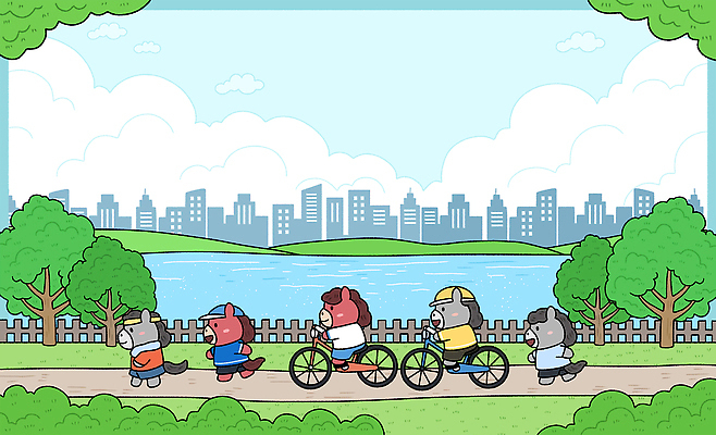 계절 공공시설 감정 길 바이크 생태계 말캐릭터 파일형식 2026년 자전거 공원 동물 즐거움 모션 호수 도시 스카이라인 풍경 여름 산책로 주말 자연 캐릭터 일러스트 국내일러스트 PSD 붉은말캐릭터 병오년