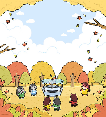 식물 감정 컬러 잎 관계 표정 생태계 말캐릭터 파일형식 2026년 분수 캐릭터 숲 단풍 나무 놀이 주말 가족 친구 자연 웃음 즐거움 주위 풍경 시원함 하늘 노란색 일러스트 국내일러스트 PSD 붉은말캐릭터 병오년