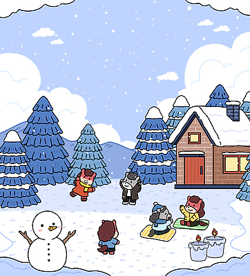 식물 계절 감정 눈_날씨 사람 건물 생태계 말캐릭터 파일형식 2026년 겨울 동물 놀이 주택 나무 눈사람 설원 썰매 즐거움 행복 자연 풍경 야외 어린이 스노우 모션 조화 일러스트 국내일러스트 PSD 붉은말캐릭터 병오년