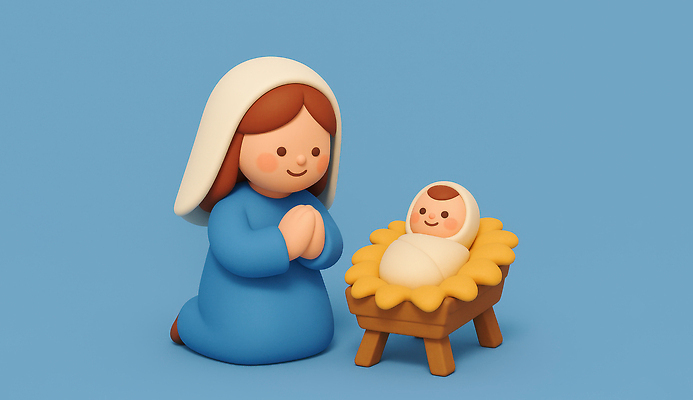 JPG 편집이미지 기독교 종교 인형 백그라운드 장식 파란색 평화 축제 성경 천주교 기도 장면 마리아 아기예수 편집3D AI컴퓨터그래픽 AI콘텐츠 컬러 컨셉 종교용품 3D 예수 파일형식