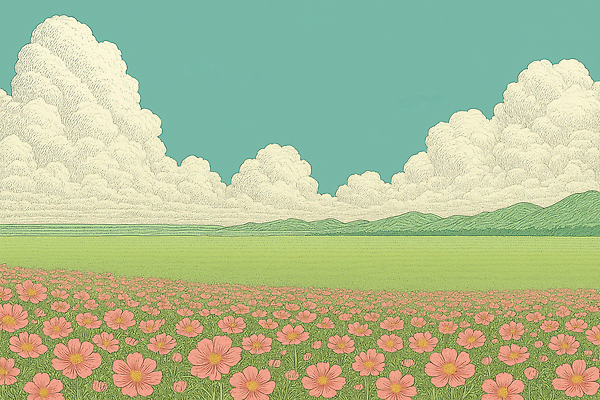JPG 식물 꽃 여유 분홍색 컬러 백그라운드 꽃밭 일러스트 자연 하늘 휴식 산 풍경 초원 일상 평화 가을 시간 뷰티풀 청명 국내일러스트 AI일러스트 AI콘텐츠 계절 감정 컨셉 라이프 생태계 파일형식