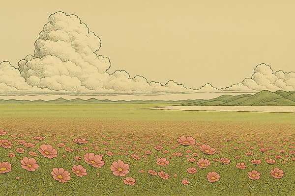 JPG 식물 문화 분홍색 하늘색 꽃밭 일러스트 자연 하늘 생명 풍경 초원 야외 여름 평화 감상 가을 농촌 대기 땅 언덕 뷰티풀 국내일러스트 AI일러스트 AI콘텐츠 계절 꽃 컬러 컨셉 파란색 시골 생태계 파일형식