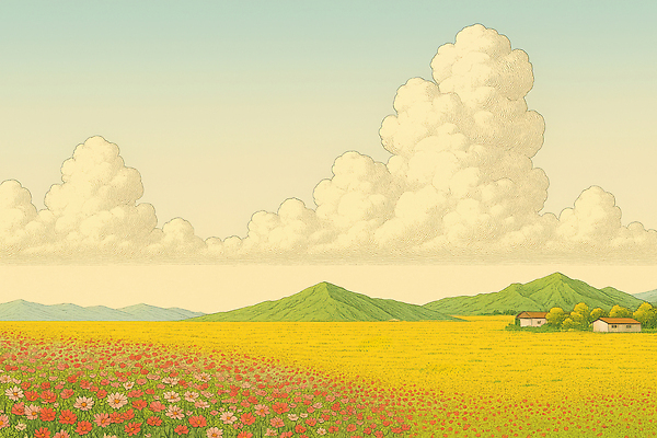 JPG 꽃 컬러 일러스트 자연 하늘 생명 주택 풍경 초원 여름 파란색 태양 봄 가을 농촌 언덕 장면 조화 뷰티풀 국내일러스트 AI일러스트 AI콘텐츠 자연요소 식물 계절 건물 시골 생태계 파일형식