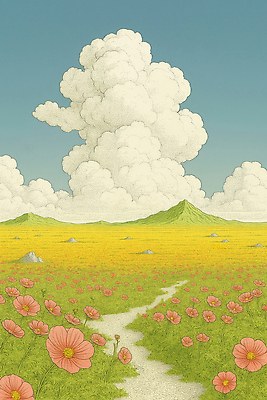 JPG 식물 꽃 길 예술 컬러 일러스트 자연 하늘 풍경 초원 여름 노란색 평화 안개 가을 대기 언덕 풍요 국내일러스트 AI일러스트 AI콘텐츠 계절 컨셉 날씨 생태계 파일형식