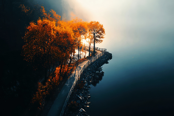 JPG 나무 편집이미지 호수 여행 단풍 자연 단풍나무 풍경 일상 반짝임 평화 산책로 가을 강가 뷰티풀 색감 차분 이미지편집 AI컴퓨터그래픽 AI콘텐츠 식물 계절 길 컨셉 잎 모션 라이프 강 생태계 파일형식