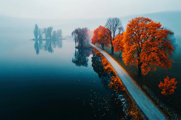 JPG 나무 편집이미지 공원 호수 컬러 자연 단풍나무 아침 풍경 초록색 반사 주황색 고요 산책로 안개 가을 강가 뷰티풀 이미지편집 AI컴퓨터그래픽 AI콘텐츠 주간 식물 계절 공공시설 길 단풍 날씨 강 생태계 파일형식