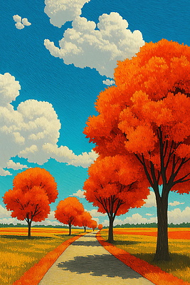 JPG 나무 식물 구름 길 컬러 일러스트 자연 하늘 단풍나무 나뭇잎 풍경 농장 평화 주황색 고요 일몰 산책 뷰티풀 오후 풍경화 국내일러스트 AI일러스트 AI콘텐츠 자연요소 컨셉 단풍 잎 농업 휴식 노을 그림 생태계 파일형식
