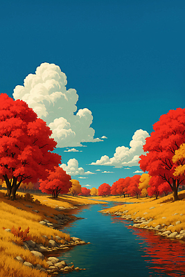 JPG 나무 구름 계절 컬러 단풍 일러스트 자연 하늘 단풍나무 날씨 풍경 물 강 평화 소리 일몰 산책 흐름 숲 조화 뷰티풀 국내일러스트 AI일러스트 AI콘텐츠 자연요소 식물 컨셉 잎 휴식 노을 생태계 파일형식