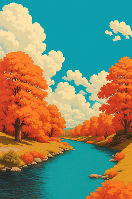 JPG 나무 구름 컬러 일러스트 자연 하늘 단풍나무 휴식 나뭇잎 풍경 물 강 주황색 고요 일몰 흙 산책 숲 풍요 국내일러스트 AI일러스트 AI콘텐츠 자연요소 식물 컨셉 단풍 잎 노을 생태계 파일형식