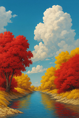 JPG 나무 구름 컬러 잎 일러스트 자연 하늘 단풍나무 풍경 물 강 햇빛 평화 숲 강가 동산 조화 뷰티풀 국내일러스트 AI일러스트 AI콘텐츠 자연요소 식물 컨셉 단풍 태양 생태계 파일형식