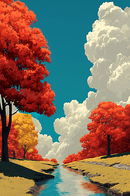 JPG 나무 구름 호수 컬러 일러스트 자연 하늘 생명 단풍나무 휴식 풍경 빨간색 초록색 물 강 노란색 평화 산책 탐험 지역 국내일러스트 AI일러스트 AI콘텐츠 자연요소 식물 컨셉 단풍 생태계 파일형식