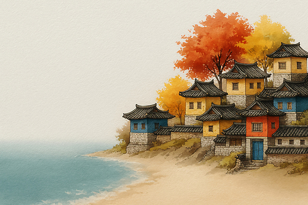 JPG 나무 건축 컬러 일러스트 자연 수채화 한옥 주택 한국 풍경 해변 마을 고요 그림 조용 뷰티풀 국내일러스트 AI일러스트 AI콘텐츠 식물 한국전통 아시아 바다 고건축 건물 생태계 파일형식