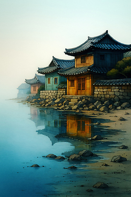 JPG 나무 건축 문화 일러스트 자연 하늘 아침 한옥 한국 풍경 물 반사 평화 일출 고요 안개 돌_바위 시골 강가 조용 국내일러스트 AI일러스트 AI콘텐츠 주간 자연요소 식물 한국전통 아시아 컨셉 고건축 날씨 강 노을 생태계 파일형식