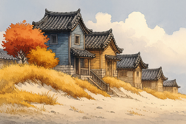 JPG 나무 전통 건축물 문화 컬러 일러스트 자연 하늘 한옥 한국 풍경 초원 건물 평화 마을 역사 뷰티풀 국내일러스트 AI일러스트 AI콘텐츠 식물 한국전통 건축 아시아 컨셉 고건축 생태계 파일형식