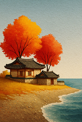 JPG 나무 전통 문화 바다 여행 단풍 일러스트 자연 하늘 한옥 주택 한국 풍경 해변 평화 일몰 기록 조화 뷰티풀 색채 국내일러스트 AI일러스트 AI콘텐츠 식물 한국전통 아시아 컨셉 고건축 잎 건물 노을 생태계 파일형식