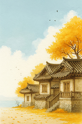 JPG 나무 전통 문화 여행 일러스트 자연 휴식 한옥 한국 풍경 일상 노란색 평화 산책 강가 은행나무 소통 뷰티풀 고택 국내일러스트 AI일러스트 AI콘텐츠 식물 한국전통 건축물 아시아 컬러 컨셉 고건축 라이프 강 생태계 파일형식