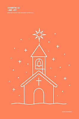 디자인 별 기독교 종교 크리스마스 겨울 라인일러스트 일러스트 따뜻함 풍경 그래픽 장식 빛 교회 축제 주황색 눈송이 종탑 국내일러스트 AI파일 자연요소 계절 기념일 컬러 종교건축 눈_날씨 건물 탑 파일형식 벡터