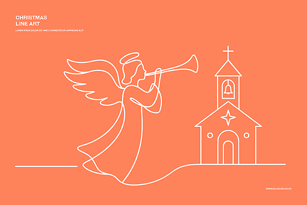 기념일 감정 악기 컬러 컨셉 일러스트 종교건축 문화예술 건물 파일형식 벡터 천사 나팔 교회 크리스마스 장면 주황색 백그라운드 음악 축제 종교 예술 장식 기쁨 평화 기도 소리 국내일러스트 AI파일 라인일러스트