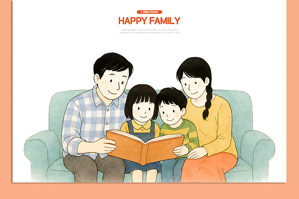 PSD 교육 행복 어린이 일러스트 가족 모션 놀이 함께함 이야기 책 부모 소파 모임 시간 읽기 즐거움 소통 국내일러스트 감정 컨셉 의자 관계 사람 파일형식