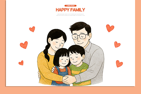 PSD 행복 일러스트 가정 가족 포옹 따뜻함 사랑 웃음 부모 귀여움 자녀 즐거움 그림 순간 유대감 국내일러스트 감정 컨셉 관계 안기 표정 파일형식