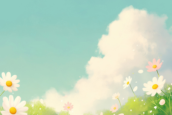 JPG 식물 꽃 화초 꽃밭 일러스트 자연 하늘 풍경 초원 초록색 파란색 햇빛 평화 봄 시골 개화 코스모스 데이지 뷰티풀 풍경화 국내일러스트 AI일러스트 AI콘텐츠 계절 컬러 컨셉 태양 그림 생태계 파일형식