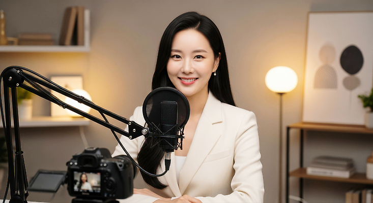 JPG 편집이미지 여자 백그라운드 스튜디오 조명 카메라 촬영 전문직 사회자 마이크 모던 방송 영상 인터뷰 소통 라이브 콘텐츠 의료성형뷰티 유튜버 유튜브 편집실사 AI인물포토 AI콘텐츠 직업 음향기기 컨셉 사람 전자제품 CG 파일형식 크리에이터 AI포토