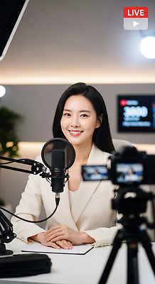 JPG 편집이미지 여자 스튜디오 카메라 촬영 사회자 마이크 방송 영상 패널 라이브 전문 콘텐츠 의료성형뷰티 유튜버 유튜브 편집실사 AI인물포토 AI콘텐츠 직업 음향기기 사람 전자제품 CG 파일형식 크리에이터 AI포토