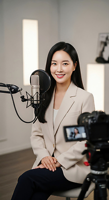 JPG 편집이미지 헤어스타일 여자 스튜디오 조명 대화 미소 카메라 촬영 마이크 준비 인터뷰 라이브 촬영장비 의료성형뷰티 유튜버 유튜브 편집실사 AI인물포토 AI콘텐츠 음향기기 표정 말하기 사람 전자제품 도구 CG 파일형식 크리에이터 AI포토