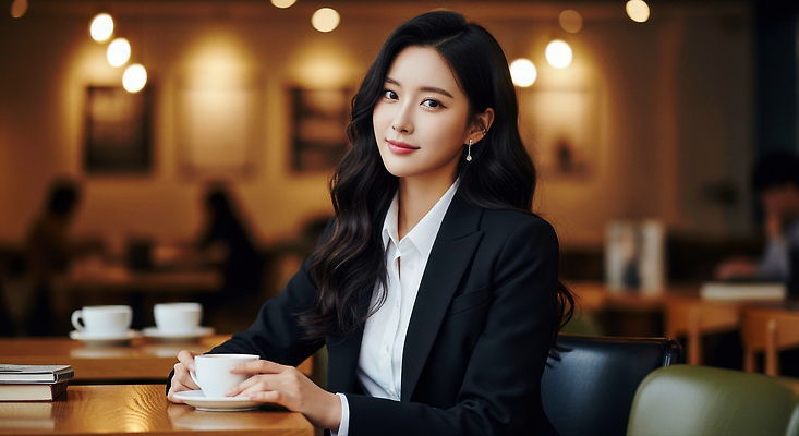 JPG 편집이미지 여자 여유 커피 의자 탁자 대화 미소 정장 여러명 공간 카페 시간 비즈니스우먼 오브젝트 의료성형뷰티 편집실사 AI인물포토 AI콘텐츠 옷 감정 음료 가구 다수 비즈니스 표정 말하기 사람 상점 직장인 CG 파일형식 AI포토