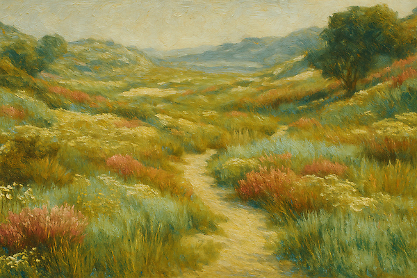 JPG 식물 감정 길 여유 컬러 일러스트 자연 하늘 산 풍경 초원 빨간색 초록색 세계 평화 들꽃 조화 하모니 뷰티풀 국내일러스트 AI일러스트 AI콘텐츠 꽃 컨셉 노래 생태계 파일형식