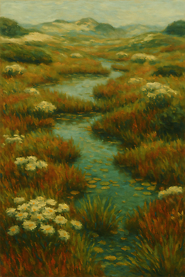 JPG 식물 꽃 여행 일러스트 자연 하늘 생명 풍경 초원 초록색 물 여름 평화 환경 탐험 농촌 시골 개울 생태계 조용 뷰티풀 국내일러스트 AI일러스트 AI콘텐츠 자연요소 계절 컬러 컨셉 강 파일형식