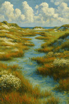 JPG 식물 꽃 바다 일러스트 자연 하늘 바람 풍경 초원 해변 여름 평화 고요 물가 생태계 청록색 물길 국내일러스트 AI일러스트 AI콘텐츠 자연요소 계절 길 컬러 컨셉 날씨 파일형식