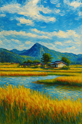 JPG 나무 농업 일러스트 자연 하늘 산 풍경 초원 초록색 물 햇빛 평화 계곡 고요 일몰 촉촉함 금색 농촌 뷰티풀 국내일러스트 AI일러스트 AI콘텐츠 자연요소 식물 산업 컬러 컨셉 태양 노을 젖음 시골 생태계 파일형식