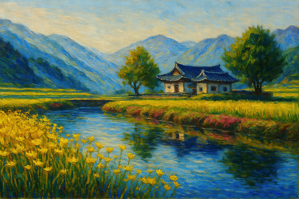 JPG 나무 일러스트 자연 하늘 수채화 산 한국 풍경 초원 강 평화 일출 고요 농촌 시골 그림 뷰티풀 국내일러스트 AI일러스트 AI콘텐츠 식물 아시아 컨셉 노을 생태계 파일형식