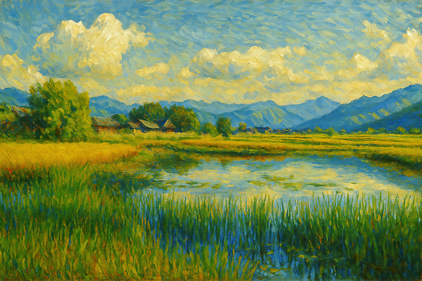 JPG 호수 일러스트 모션 자연 하늘 생명 날씨 산 풍경 초원 초록색 물 여름 농작물 햇빛 반사 노란색 고요 지역 뷰티풀 국내일러스트 AI일러스트 AI콘텐츠 자연요소 계절 컬러 농업 태양 생태계 파일형식