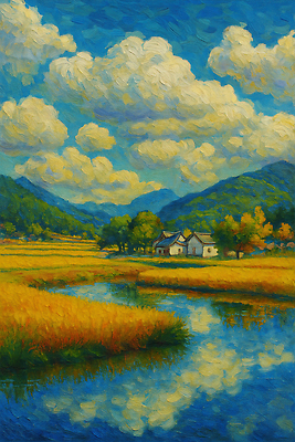 JPG 나무 밭 일러스트 자연 하늘 산 주택 풍경 초원 반사 고요 일몰 농촌 연못 물가 저녁 뷰티풀 국내일러스트 AI일러스트 AI콘텐츠 식물 농업 건물 노을 시골 야간 생태계 파일형식