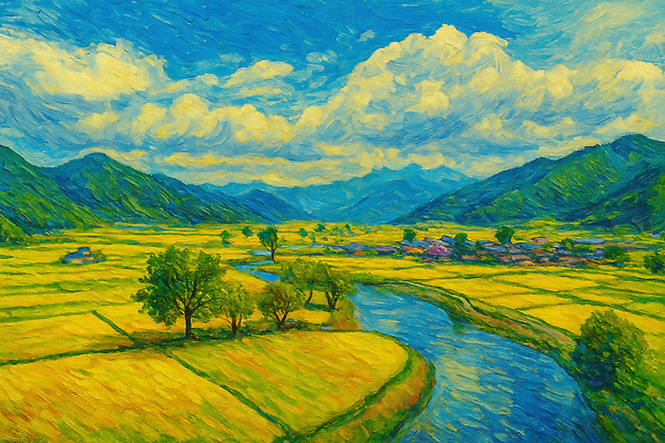 JPG 나무 여행 일러스트 자연 하늘 산 논 풍경 초록색 물 여름 강 농사 금색 농촌 시골 도자기 지역 뷰티풀 국내일러스트 AI일러스트 AI콘텐츠 자연요소 식물 계절 컬러 농업 생태계 파일형식