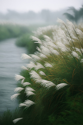 JPG 식물 편집이미지 컬러 자연 하늘 아침 바람 풍경 초록색 고요 습기 강가 억새 갈대밭 조화 흐림 뷰티풀 이미지편집 AI컴퓨터그래픽 AI콘텐츠 주간 자연요소 날씨 강 생태계 파일형식 갈대_식물